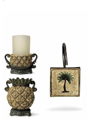 Vintage Pineapple Toothbrush Cup‎ Candle Holder & Palm Tree Shower Curtain Hooks